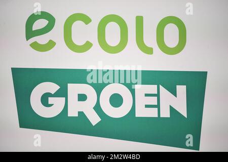 Illustration picture shows party logos at the post-election meeting of Ecolo and Groen, the frenchspeaking and the Flemish ecologist parties, in Brussels, Sunday 26 May 2019. Belgium had regional, federal and European elections on Sunday. BELGA PHOTO LAURIE DIEFFEMBACQ Stock Photo