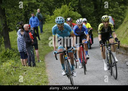 HIRT Jan (CZE) Astana NIEVE Mikel (ESP) Mitchelton - Scott, CICCONE Giulio (ITA) Trek - Segafredo, Maglia Azzurra and CARUSO Damiano (ITA) Bahrain - Merida pictured at Passo del Mortirolo during the sixteenth stage of the 101st edition of the Giro D'Italia cycling race, 194km from Lovere to Ponte di Legno, Italy, Tuesday 28 May 2019. BELGA PHOTO YUZURU SUNADA FRANCE OUT  Stock Photo