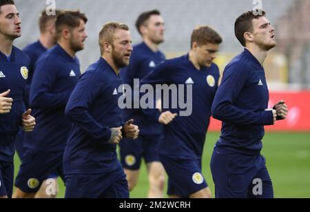 Andrew Robertson, scozzese, è stato raffigurato nel corso di una sessione di allenamento della nazionale scozzese di calcio, lunedì 10 giugno 2019 a Bruxelles. Domani la squadra incontrerà i Red Devils del Belgio in una partita di qualificazione UEFA euro 2020. BELGA PHOTO VIRGINIE LEFOUR Foto Stock