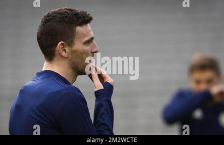 Andrew Robertson, scozzese, è stato raffigurato nel corso di una sessione di allenamento della nazionale scozzese di calcio, lunedì 10 giugno 2019 a Bruxelles. Domani la squadra incontrerà i Red Devils del Belgio in una partita di qualificazione UEFA euro 2020. BELGA PHOTO VIRGINIE LEFOUR Foto Stock