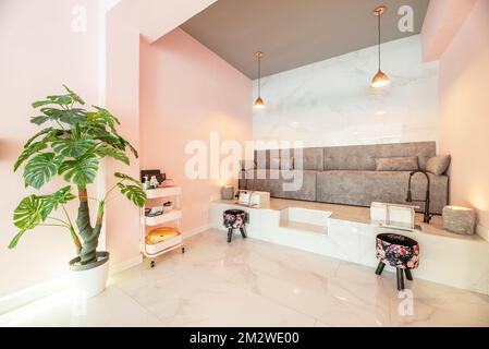 Alcuni divani grigi su una piattaforma rialzata con lavelli e posti a sedere pedicure in un salone di bellezza con piante artificiali decorative, pavimenti in marmo e dipinti rosa Foto Stock