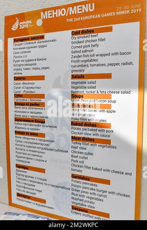 Illustration shows the menu in the main dining room of the athlete village during the preparation ahead of the second edition of the 'European Games' which will take place from 21 to 30 June in Minsk, Belarus. Belgian will present 51 athletes from 11 sports. BELGA PHOTO DIRK WAEM Stock Photo