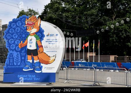 L'illustrazione mostra la mascotte ufficiale Lesik, la volpe del bambino, nel villaggio dell'atleta durante la preparazione in vista della seconda edizione dei 'Giochi europei' che si svolgerà dal 21 al 30 giugno a Minsk, in Bielorussia. Il belga presenterà 51 atleti provenienti da 11 sport. FOTO DI BELGA DIRK WAEM Foto Stock