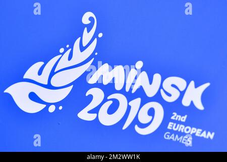 L'illustrazione mostra il logo dei Giochi europei a Minsk, Bielorussia, domenica 23 giugno 2019. La seconda edizione dei "Giochi europei" si svolge dal 21 al 30 giugno a Minsk, in Bielorussia. Il Belgio presenterà 51 atleti provenienti da 11 sport. FOTO DI BELGA DIRK WAEM Foto Stock