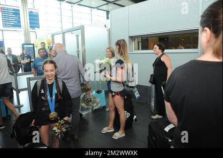 elgian acrobatic gymnast Charlotte Van Royen pictured at the arrival in Brussels South Airport in Charleroi, back from the European Games in Minsk, Belarus, Monday 24 June 2019. The three acrabatic gymnasts are back with medals from Minsk. BELGA PHOTO SOPHIE KIP Stock Photo