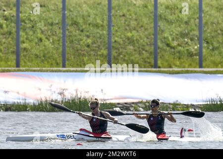 Kayaker Hermien Peters e Kayaker Lize Broekx raffigurati in azione durante le finali del concorso di kayak femminile K2 500m, ai Giochi europei di Minsk, Bielorussia, mercoledì 26 giugno 2019. La seconda edizione dei "Giochi europei" si svolge dal 21 al 30 giugno a Minsk, in Bielorussia. Il Belgio presenterà 51 atleti provenienti da 11 sport. FOTO DI BELGA DIRK WAEM Foto Stock