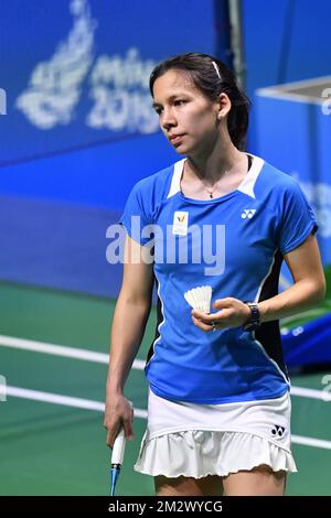 Il belga Lianne Tan sembra sconsolato durante la fase di gruppo badminton donne gioco single contro il cipriota 'Eleni Christodoulou ai Giochi europei a Minsk, Bielorussia, Mercoledì 26 giugno 2019. La seconda edizione dei "Giochi europei" si svolge dal 21 al 30 giugno a Minsk, in Bielorussia. Il Belgio presenterà 51 atleti provenienti da 11 sport. FOTO DI BELGA DIRK WAEM Foto Stock