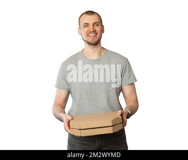 uomo che tiene la scatola della pizza e sorridente Foto Stock