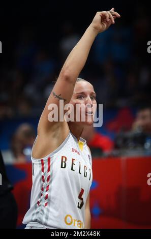 Il belga Cats Marjorie Carpreaux festeggia nel corso di una partita di qualificazione tra i belgi Cats e la nazionale slovena, a Belgrado, in Serbia, in occasione dei campionati europei di pallacanestro femminile EuroBasket, organizzati in Lettonia e Serbia, martedì 02 luglio 2019. BELGA PHOTO VIRGINIE LEFOUR Foto Stock