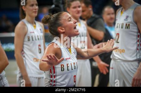 Belgian Cats Marjorie Carpreaux celebrates after winning a basketball match between Belgian national team Belgian Cats and Hungary, a classification game for the Olympic Qualifying tournament, Saturday 06 July 2019 in Belgrade, Serbia, at the Women's EuroBasket basketball European championships, organised in Latvia and Serbia. BELGA PHOTO VIRGINIE LEFOUR Stock Photo