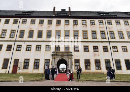 Prince Andreas von Sachsen-Coburg und Gotha, Princess Kelly von Sachsen-Coburg und Gotha and Hereditary Prince Hubertus von Sachsen-Coburg und Gotha wait for the arrival of the Belgian royal couple during a visit to the Schloss Friedenstein in Gotha, Tuesday 09 July 2019. The king and queen are on a two-day visit to Germany and the states Thuringia (Thuringen - Thuringe) and Saxony-Anhalt (Sachsen-Anhalt - Saksen-Anhalt - Saxe-Anhalt). BELGA PHOTO ERIC LALMAND  Stock Photo