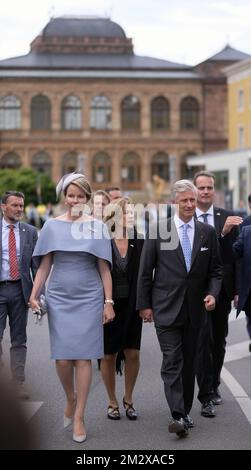 Re Filippo - Filip del Belgio e la regina Mathilde del Belgio, nella foto, in occasione di una visita al Neues Museum di Weimar, martedì 09 luglio 2019. Il re e la regina sono in visita di due giorni in Germania e negli stati della Turingia (Thuringen - Thuringe) e Sassonia-Anhalt (Sachsen-Anhalt - Saksen-Anhalt - Saxe-Anhalt). FOTO DI BELGA ERIC LALMAND Foto Stock