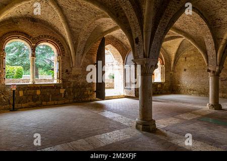 Volta dei ruderi della chiesa dell'Abbazia di San Galgano, nei pressi di Monticiano, Toscana, Italia Foto Stock