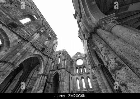 Arcate della chiesa in rovina dell'Abbazia di San Galgano, fotografia in bianco e nero, vicino a Monticiano, Toscana, Italia Foto Stock