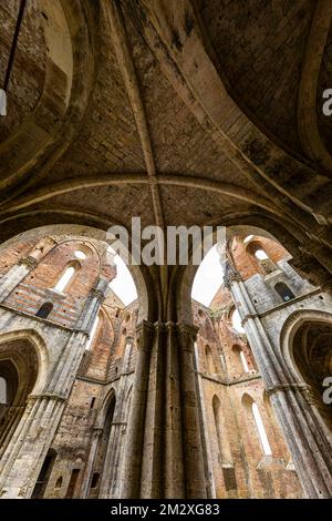 Arcate della chiesa in rovina dell'Abbazia di San Galgano, nei pressi di Monticiano, Toscana, Italia Foto Stock