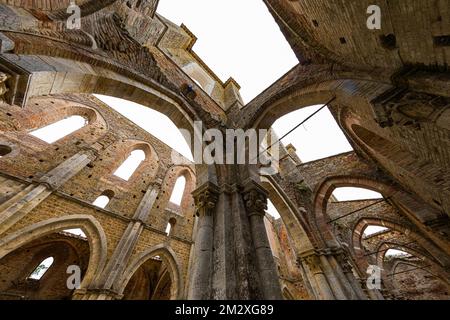 Arcate della chiesa in rovina dell'Abbazia di San Galgano, nei pressi di Monticiano, Toscana, Italia Foto Stock