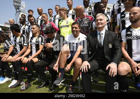 (front center L-R) Charleroi's manager Mehdi Bayat, Charleroi's head coach Karim Belhocine and Charleroi's chairman, QNT CEO Fabien Debecq are pictured during the 2019-2020 photoshoot of Belgian Jupiler Pro League club Sporting Charleroi, Wednesday 17 July 2019 in Charleroi. BELGA PHOTO JOHN THYS  Stock Photo