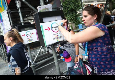 Illustration picture shows visitors passing the entrance on the first day of the 'Francofolies de Spa' festival, in Spa, Thursday 18 July 2019. This year's edition of the festival is taking place from 18 to 21 July. BELGA PHOTO VIRGINIE LEFOUR Stock Photo