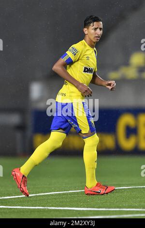 Hamza Masoudi della STVV, nella foto, durante una partita di calcio tra Sint-Truiden VV e Royal Excel Mouscron, sabato 27 luglio 2019 a Sint-Truiden, il primo giorno della stagione di campionato belga di calcio 'Jupiler Pro League' 2019-2020. FOTO DI BELGA JOHAN EYCKENS Foto Stock