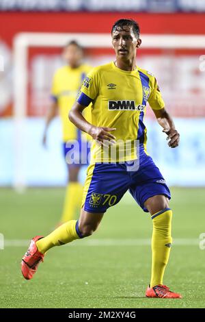 Hamza Masoudi della STVV, nella foto, durante una partita di calcio tra Sint-Truiden VV e Royal Excel Mouscron, sabato 27 luglio 2019 a Sint-Truiden, il primo giorno della stagione di campionato belga di calcio 'Jupiler Pro League' 2019-2020. FOTO DI BELGA JOHAN EYCKENS Foto Stock