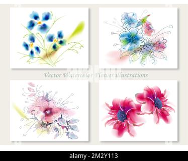 Acquerello spontaneo stile Pittura Vector Flower Illustration Set. Illustrazione Vettoriale