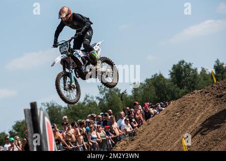 Il belga Cyril Genot raffigurato in azione durante la gara MX2 in occasione del GP di Limburgo a Lommel, domenica 04 agosto 2019. FOTO DI BELGA JONAS ROOSENS Foto Stock