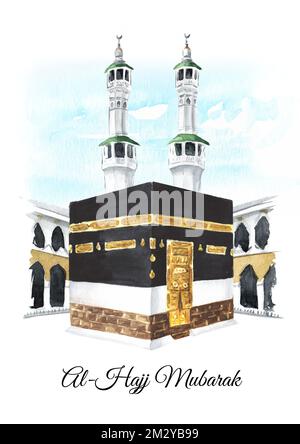 Kaaba e minareti della Grande Moschea alla Mecca, concetto di pellegrinaggio islamico. Illustrazione a acquerello disegnata a mano, isolata su sfondo bianco Foto Stock