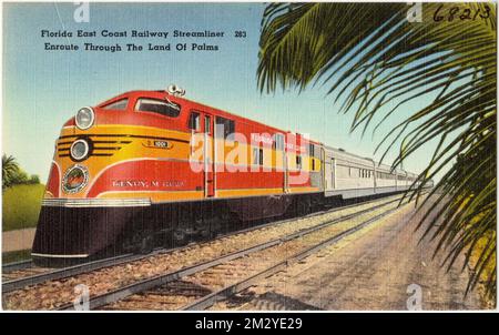 Florida East Coast Railway Streamliner si snoda attraverso la terra delle palme, le stazioni ferroviarie, la Tichnor Brothers Collection, le cartoline degli Stati Uniti Foto Stock