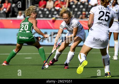 L'irlandese Chloe Watkins e il belga Jill Boon hanno mostrato in azione durante una partita di hockey tra la nazionale femminile belga The Red Panthers e l'Irlanda, una partita di classifica nel gruppo C ai campionati europei 'EuroHockey', venerdì 23 agosto 2019 a Wilrijk, Anversa. FOTO DI BELGA DIRK WAEM Foto Stock