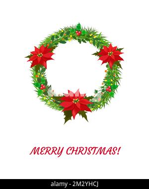Corona tradizionale colorata luminosa fatta di pino e ramoscelli frondosi, poinsettie rosse Euphorbia pulcherrima o stella di Natale, e agrifoglio Illustrazione Vettoriale