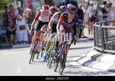 Angelo spagnolo Madrazo Ruiz di Burgos-BH, spagnolo Jonathan lastra del Team Caja Rural-Seguros RGA, belga Sander Armee di Lotto Soudal e sudafricano Willie Smit di Katusha-Alpecin, in azione alla seconda tappa della 2019 edizione della 'Vuelta a Espana', Tour della gara ciclistica spagnola, 199,6km da Benidorm a Calpe, Spagna, domenica 25 agosto 2019. FOTO DI BELGA YUZURU SUNADA Foto Stock