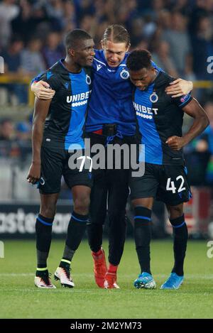 Clinton Mata, portiere del Club Ethan Horvath e Emmanuel Bonaventure Dennis celebrano dopo aver vinto una partita tra la squadra di calcio belga Club Brugge e il club austriaco LASK Linz, mercoledì 28 agosto 2019 a Brugge, la partita di ritorno nei play-off della UEFA Champions League, Dopo una vittoria di 0-1 del Club nella prima tappa. BELGA FOTO KURT DESPLENTER Foto Stock