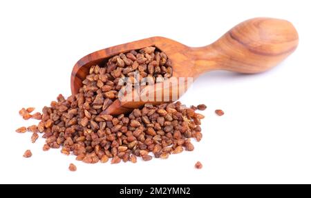 Tè al grano saraceno in cucchiaio di legno, isolato su fondo bianco. Grani di grano saraceno interi arrostiti. Fagopyrum tataricum Foto Stock