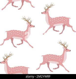 Modello vettoriale senza cuciture di cervi rosa disegnati a mano Illustrazione Vettoriale
