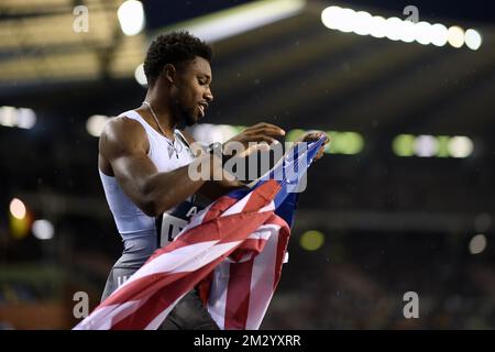 US' Noah Lyles festeggia dopo aver vinto la gara maschile del 200m all'edizione 2019 dell'AG Insurance Memorial Van Damme IAAF Diamond League, venerdì 06 settembre 2019 a Bruxelles. FOTO DI BELGA JASPER JACOBS Foto Stock