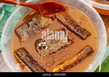 Fetta gialla a nido d'ape. Fetta di cellule di miele. Ciotola con favi freschi e miele. Foto Stock