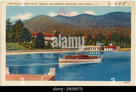 Fort William Henry Hotel. Pergola e Prospect Mountain, Lake George, N. Y. , Alberghi, Laghi e stagni, Boats, Tichnor Brothers Collection, cartoline degli Stati Uniti Foto Stock