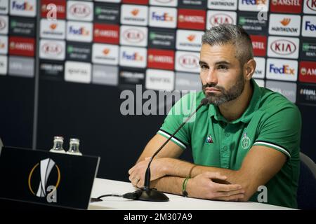 Loic Perrin di Saint-Etienne, nella foto di una conferenza stampa della squadra francese COME Saint-Etienne, mercoledì 18 settembre 2019 a Gent. Domani Saint-Etienne incontrerà la squadra di calcio belga KAA Gent nella fase di gruppo della UEFA Europa League. FOTO DI BELGA JASPER JACOBS Foto Stock