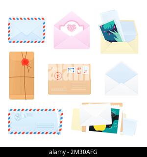 Buste e pacchi postali - Set di oggetti dal design piatto Illustrazione Vettoriale