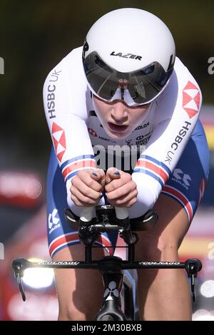 British Elynor Backstedt ha mostrato in azione durante il Women Junior Individual Time Trial ai Campionati del mondo di UCI Road a Harrogate, North Yorkshire, Regno Unito, lunedì 23 settembre 2019. I Mondi si svolgono dal 21 al 29 settembre. FOTO DI BELGA YORICK JANSENS Foto Stock