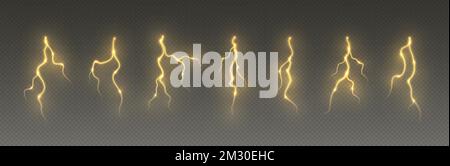 Fulmini Thunderstorm, fulmini thunderbolt, zip elettrica realistica, effetto luce flash, fulmine giallo Illustrazione Vettoriale