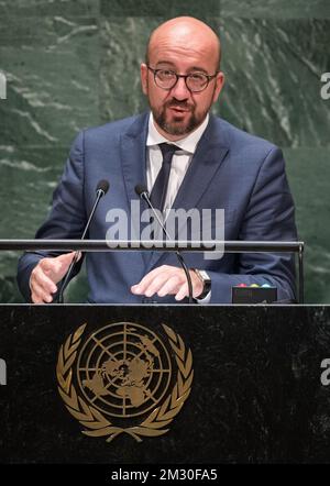 Il primo ministro belga Charles Michel tiene un discorso alla 74th sessione dell'Assemblea generale delle Nazioni Unite (UNGA 74), a New York City, Stati Uniti d'America, giovedì 26 settembre 2019. BELGA FOTO BENOIT DOPPAGNE Foto Stock