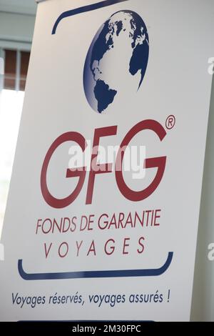 Il logo GFG raffigurato in occasione di una conferenza stampa del Fondo di garanzia dei viaggi (GFG - Garantiefonds Reizen Fonds de Garantie Voyages), dopo l'annuncio del fallimento dell'operatrice di viaggi Thomas Cook, venerdì 27 settembre 2019, presso le offerte del GFG a Bruxelles. Il Fondo di garanzia organizza il rimpatrio di oltre 10,000 viaggiatori bloccati di Thomas Cook. FOTO DI BELGA NICOLAS MAETERLINCK Foto Stock