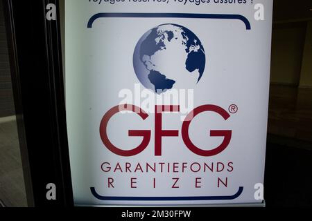 Il logo GFG raffigurato in occasione di una conferenza stampa del Fondo di garanzia dei viaggi (GFG - Garantiefonds Reizen Fonds de Garantie Voyages), dopo l'annuncio del fallimento dell'operatrice di viaggi Thomas Cook, venerdì 27 settembre 2019, presso le offerte del GFG a Bruxelles. Il Fondo di garanzia organizza il rimpatrio di oltre 10,000 viaggiatori bloccati di Thomas Cook. FOTO DI BELGA NICOLAS MAETERLINCK Foto Stock