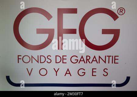 Il logo GFG raffigurato in occasione di una conferenza stampa del Fondo di garanzia dei viaggi (GFG - Garantiefonds Reizen Fonds de Garantie Voyages), dopo l'annuncio del fallimento dell'operatrice di viaggi Thomas Cook, venerdì 27 settembre 2019, presso le offerte del GFG a Bruxelles. Il Fondo di garanzia organizza il rimpatrio di oltre 10,000 viaggiatori bloccati di Thomas Cook. FOTO DI BELGA NICOLAS MAETERLINCK Foto Stock