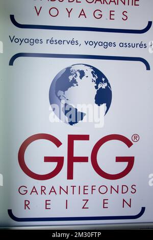 Il logo GFG raffigurato in occasione di una conferenza stampa del Fondo di garanzia dei viaggi (GFG - Garantiefonds Reizen Fonds de Garantie Voyages), dopo l'annuncio del fallimento dell'operatrice di viaggi Thomas Cook, venerdì 27 settembre 2019, presso le offerte del GFG a Bruxelles. Il Fondo di garanzia organizza il rimpatrio di oltre 10,000 viaggiatori bloccati di Thomas Cook. FOTO DI BELGA NICOLAS MAETERLINCK Foto Stock