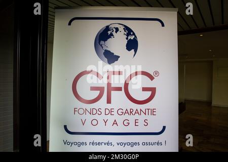 Il logo GFG raffigurato in occasione di una conferenza stampa del Fondo di garanzia dei viaggi (GFG - Garantiefonds Reizen Fonds de Garantie Voyages), dopo l'annuncio del fallimento dell'operatrice di viaggi Thomas Cook, venerdì 27 settembre 2019, presso le offerte del GFG a Bruxelles. Il Fondo di garanzia organizza il rimpatrio di oltre 10,000 viaggiatori bloccati di Thomas Cook. FOTO DI BELGA NICOLAS MAETERLINCK Foto Stock