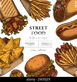 Street food disegno di illustrazione disegnato a mano. Sfondo con salse retrò, nachos, gyros, hamburger, taco, shawarma, patatine fritte, hot dog. Illustrazione Vettoriale