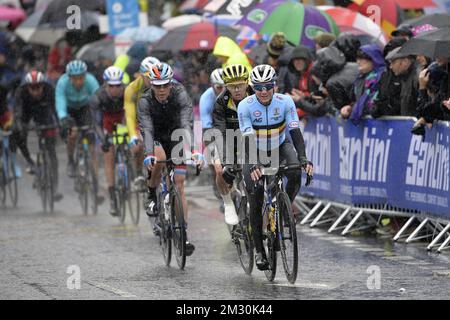 Il belga Remco Evenepoel è stato raffigurato in azione durante la gara maschile ai Campionati mondiali di ciclismo UCI Road a Harrogate, North Yorkshire, Regno Unito, domenica 29 settembre 2019. I Mondi si svolgono dal 21 al 29 settembre. FOTO DI BELGA YORICK JANSENS Foto Stock