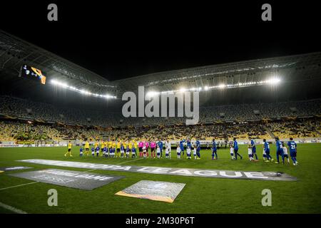 I giocatori DI KAA Gent hanno mostrato all'inizio della partita tra la squadra Ucraina FC Olexandriya e la squadra di calcio belga KAA Gent, giovedì 03 ottobre 2019 a Lviv, Ucraina, il secondo giorno della fase di gruppo della UEFA Europa League, nel gruppo I. FOTO DI BELGA JASPER JACOBS Foto Stock